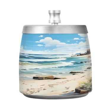 Imagem de Cinzeiro de praia em aquarela com tampa, cinzeiros externos para pátio, cinzeiro de aço inoxidável inodoro sem fumaça para varanda de escritório em casa