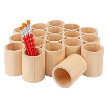 Imagem de IHDYPPEW Pacote com 18 porta-lápis redondo de madeira inacabada, porta-copos de madeira de 7,6 x 7,6 x 10,6 cm, copo de lápis de artesanato de madeira para mesa, escritório, projeto faça você mesmo