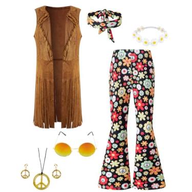 Imagem de Conjunto de calças hippie para meninas dos anos 60 e 70 com franja, colete e calça rodada, conjunto de acessórios (multicolorido, 12 a 14 anos)