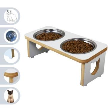 Imagem de Comedouro Pet Gato Elevado Duplo MDF Linha Basic - Branco - Maderacco