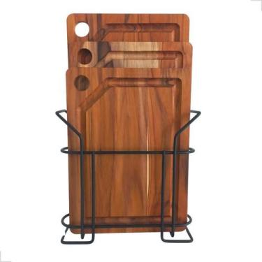 Imagem de Kit 3 Tábuas de Carne Legumes Churrasco Madeira Teca Suporte Cozinha -