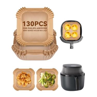 Imagem de 130 peças de forros de papel de fritadeira a ar para Philips Airfryer série 3000 6,5 litros (NA330/00), inserções de papel pergaminho descartáveis antiaderentes de 20 cm, acessórios de refrigerador de