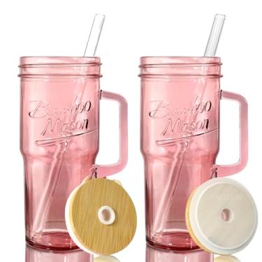 Imagem de ANOTION Copos De Vidro Com Alça, 24 Onças Tampas E Canudos, Caneca Viagem Para Café, Jarra Bambu, Copo Gelado, Smoothie, Chá, Água Transparente, Jarras Beber,