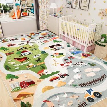 Imagem de Lacomfy Tapete de fazenda infantil, 1,5 x 2,3 m, tapete de brinquedo de animais de fazenda para quarto de meninos e meninas, pista de estrada para carros, brinquedos, quarto, sala de jogos, sala de