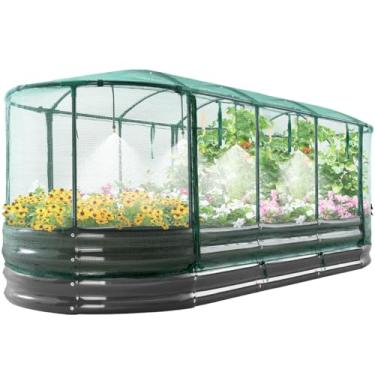 Imagem de Quictent Kit de cama de jardim galvanizado elevado com sistema de irrigação automática e capa de malha, grandes caixas de jardim de metal oval para plantador externo para vegetais, ervas e flores, 20