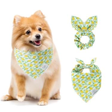 Imagem de E-Clover Conjunto de bandanas e scrunchie combinando com listras verdes para cães, babadores, bandana para animais de estimação com gravata borboleta para cães pequenos, dona de filhotes, mãe