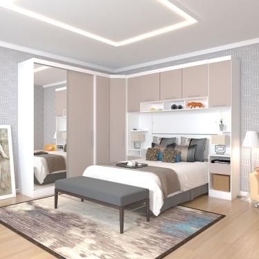 Imagem de Quarto De Canto Casal Com Guarda Roupas Com Espelho E Mesas De Cabeceira Alpes Luciane Móveis Branco Pf Com Cinammon Pf
