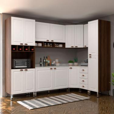 Imagem de Armário De Cozinha Completa 8 Peças Com Tampo E Espaço Para Micro-ondas Safira Luciane Móveis Nogueira Dourado C/ Branco Pet E Marmore