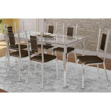 Imagem de Kit Mesa Reno C- Tampo de Vidro 150cm + 6 Cadeiras Florença Cromado Marrom