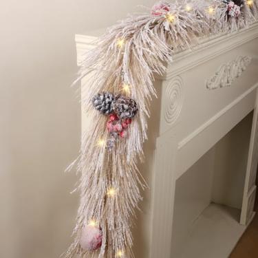 Imagem de HIAGROW Guirlanda De Natal Com Luzes, Decoração Floco Neve Bege Artificial 6 Pés, Pinhas Frutas Vermelhas, Iluminada Para Casa, Inverno, Lareira, Porta, Escadas