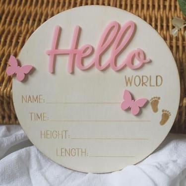 Imagem de Cuvstvo Placa De Anúncio Bebê Olá Mundo Recém-Nascido Nascimento Adereços Madeira Para Fotografia Chuveiro Hospital Berçário 5,3" (Rosa Borboleta)