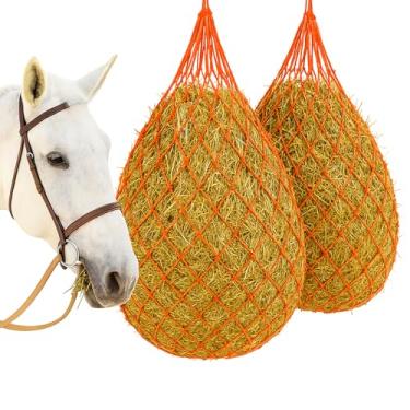 Imagem de MJFSGYO 2 peças de rede de feno de 102 cm para cavalos, alimentador de saco de feno de alimentação lenta, feito de corda de nylon durável, regula a ingestão de feno, portanto, melhora a digestão, para