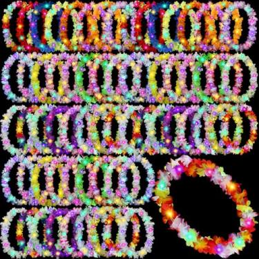 Imagem de 100 peças de LED havaiano Leis em massa, colar arco-íris Luau Leis piscando patriótico havaiano tema tropical colar de flores para baile de máscaras, férias, casamento, praia, carnaval, 4 de julho, Poliéster, Sem Pedra Preciosa