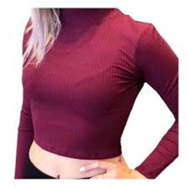 Imagem de Cropped feminino gola alta manga longa básico malha canelada moda - Fi