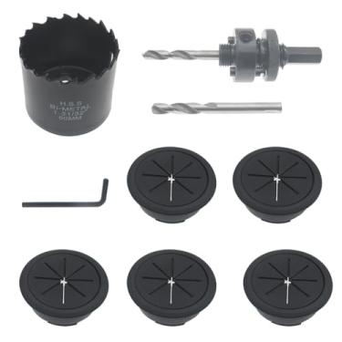 Imagem de Kit de serra de argolas e orifícios para mesa, OZXNO pacote com 5 unidades de capa de orifício de arame flexível para mesa com brocas de furadeira combinando para gestão e proteção de cabos., US-HOLESAW-KIT-51MM-SET, 2 inch (51mm)
