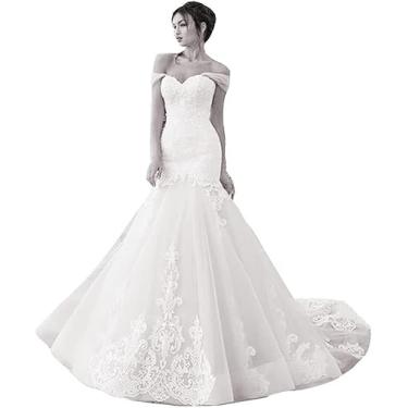 Imagem de Vestido De Noiva Sereia Ombro A Ombro Feminino Lace Applique Vestido De Noiva Vestido De Tule, Ivory, 18
