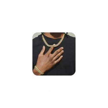 Imagem de DIDISEE 2 unidades de corrente cubana para homens e mulheres colar de corrente de diamante falso prata ouro gelado Miami pulseira de elos cubanos masculinos hip hop joias presente, 8" Bracelet and 18