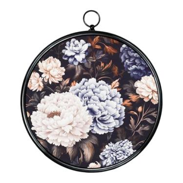 Imagem de MIDEFINCH Arte de parede de flor de peônia vintage, decoração de pendurar com moldura de metal redonda de 25 cm, ilustração floral em papel texturizado, suporte de madeira resistente para sala de