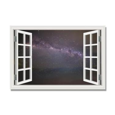 Imagem de Janela de arte de parede com impressão em tela. Visualização de janela falsa. Impressão de imagem natural em tela. Arte de parede para sala de estar (Céu estrelado à noite 08) Moldura interna 70x105cm