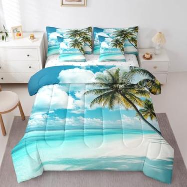 Imagem de jejeloiu Conjunto de edredom infantil com lençol Queen Size coqueiro, 7 peças, decoração de quarto de meninos e meninas, mar havaiano, praia, árvore costeira, natureza, verão, férias, cama em uma