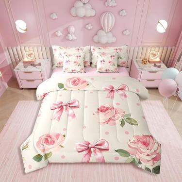 Imagem de Erosebridal Conjunto de cama casal de 7 peças com laço rosa, arte a óleo floral, conjunto de cama de flor rosa inclui edredom, conjunto de lençóis, fronhas e fronhas para todas as estações, decoração