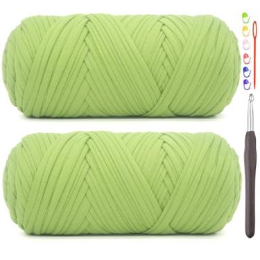 Imagem de Pacote com 2 fios de camiseta para crochê, camiseta verde, tecido elástico grosso, fio de crochê para iniciantes, bolsa de tricô à mão, cesta/porta-copos / artesanato faça você mesmo/decoração de casa