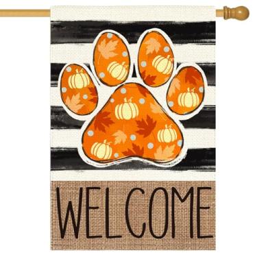 Imagem de RABUSOFA Bandeiras de casa de outono, 71 x 101 cm, dupla face para fora, estampa de pata de cachorro e gato, bem-vindo, outono, ação de graças, abóbora, colheita, férias, sazonal, decoração fofa para