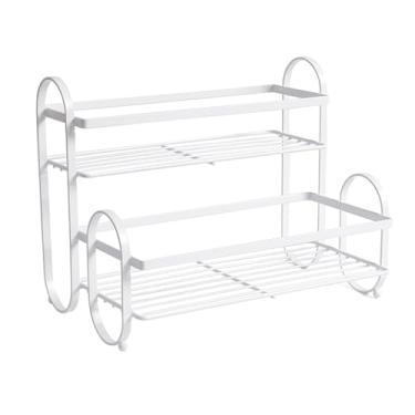 Imagem de Metal Desktop Storage Rack de 2 camadas Premium Iron Organizador de cozinha Banca de bancada prateleira para especiarias pratos de higiene pessoal 19x27x21cm (Branco)