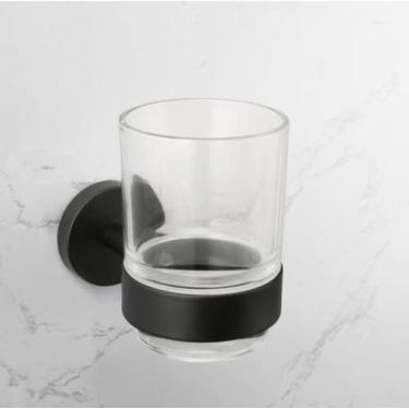 Imagem de Acessórios para banheiro Toalheiro Prateleira Barra Suporte para rolo de papel com capa Suporte para toalha de mão Gancho para roupão Suporte para escova de vaso sanitário Preto (porta-copos)