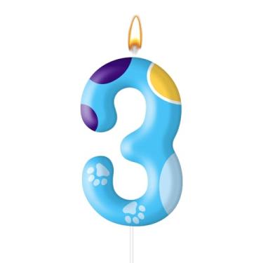 Imagem de Velas de aniversário de pata de cachorro azul topo de bolo numerais velas de aniversário para decoração de pata de cachorro número 3