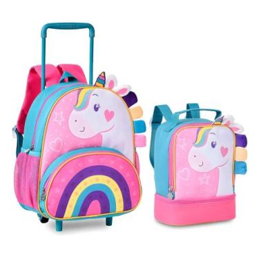 Imagem de Kit Mochila De Rodinhas Lancheira Térmica Infantil Clio Unicórnio Cp24