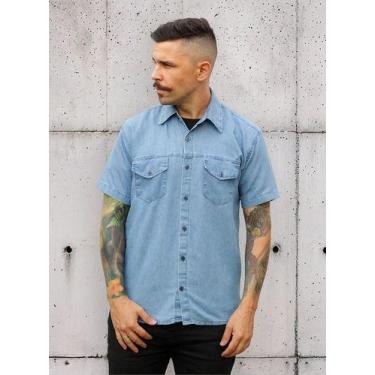 Imagem de Camisa Jeans Masculina Adulto Manga Curta Do P Ao G4 - Maximus, Azul, 