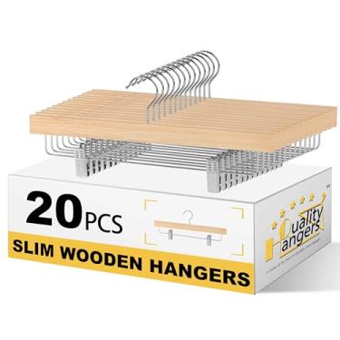 Imagem de Cabides de saia e calça de madeira finos de qualidade de 35,5 cm com clipes – Pacote com 20 – Cabide fino de madeira compensada de 0,8 cm – Capacidade de 4,5 kg – Clipes antiderrapantes ajustáveis