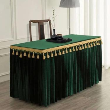 Imagem de Toalha de mesa de veludo dourado para conferências, exposições, pendurada, com franjas, para saia de mesa retangular, verde-tinta, 245x75x75 cm