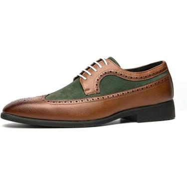 Imagem de Sapatos De Vestir Para Homens Cadarço Dois Tons Ponta De Asa Marrom E Verde Sapatos Derby Couro Falso Salto Bloco Sola De Borracha Baixo Top Antiderrapante, Brown, 10.5 UK