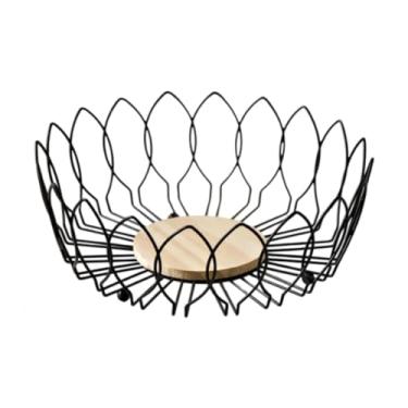 Imagem de MotiveTech Cesta de Frutas de Arame, Suporte para Cápsulas de Café com Base de Madeira, Centro de Mesa para Balcão de Cozinha, Tigela de Servir, Tigela, 25cmx9cm