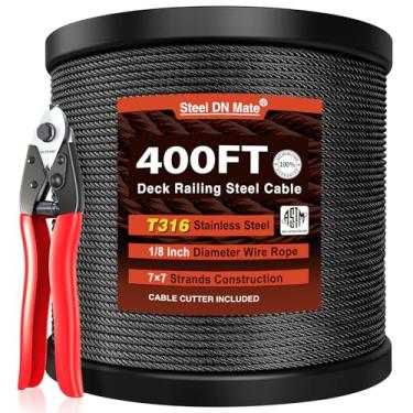 Imagem de Steel DN Mate 400 Pés 1/8" Cabo Preto Corrimão Cabo de Aço Inoxidável T316L Grau Marinho para Sistema de Corrimão de Cabo de Escada, 7 × 7 Fios Construção Corrimão de Arame com Cortador