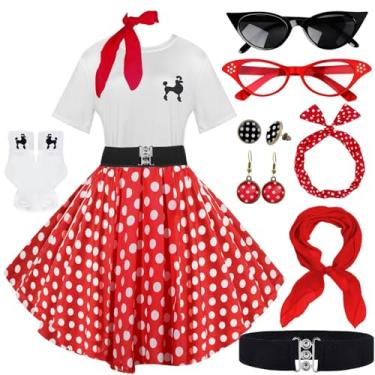 Imagem de 10 peças de roupas femininas, saias poodle dos anos 1950, camiseta poodle com acessórios dos anos 50, meias, cachecol, faixa de cabeça, brinco de cinto, Ponto vermelho e branco, Large