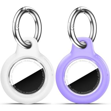 Imagem de Pacote com 2 Airtags de suporte à prova d'água com chaveiro Apple AirTag, capa rígida para PC AirTag, suporte antiarranhões e choques, chaveiros e chaveiros masculinos femininos - branco + roxo