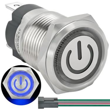 Imagem de ZJWZJH (15 Amp) 16 mm 5/20.3 cm Botão de trava azul 120V 110V AC/DC Botão de energia de metal à prova d'água SPST Angel Eye Head On/Off com plugue