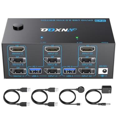 Imagem de HDMI + 2 Displayport KVM Switch 3 Monitores 2 Computadores, ANXQQ 8K @60Hz 4K@144Hz Monitor Triplo KVM, Interruptor de Monitor para 2 Computadores, 3 Monitores com 4 Portas USB 3.0, Controle Remoto
