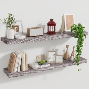 Imagem de Marsmiles Prateleiras flutuantes de madeira para parede, conjunto de 2 prateleiras flutuantes de madeira rústica, 91 cm de largura, exibição invisível montada na parede para sala de estar, quarto,
