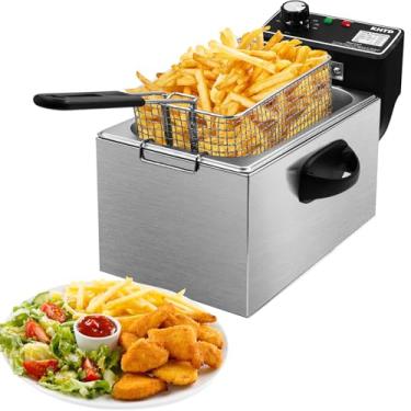 Imagem de KHTD Fritadeira elétrica de aço inoxidável de 3,4 litros com cesta e controle de temperatura – Fritadeira de óleo de bancada para frango, batatas fritas, peixe, camarão (3,2 L)