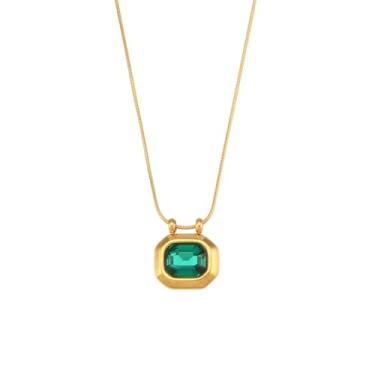 Imagem de Colar com pingente quadrado verde esmeralda CZ banhado a ouro 18 K delicada corrente de cobra joia quadrado preto rosa verde colar de cristal transparente (verde