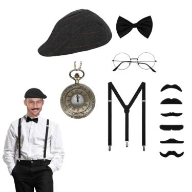 Imagem de EQTGI 7 peças de acessórios masculinos da década de 1920, fantasias dos anos 20, fantasias com chapéu retrô, suspensório, gravata borboleta para roupa de Halloween cosplay (preto)
