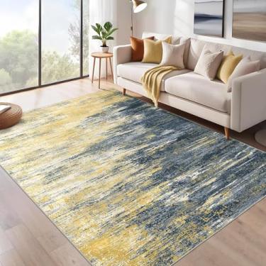 Imagem de GAOMON Tapetes grandes laváveis para sala de estar, 25 x 30 cm, antiderrapante, moderno, abstrato, tapete macio, contemporâneo, resistente a manchas, tapetes internos dobráveis para quarto, amarelo
