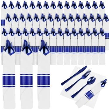 Imagem de Conjunto de talheres de plástico Pyntop Blue, pacote com 100 guardanap