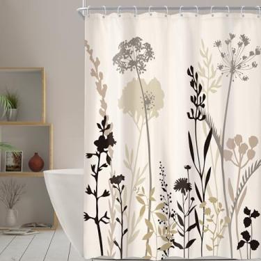 Imagem de Omifly Cortina de chuveiro floral bege pequena 137 cm L x 192 cm A estreita flor rústica boho marrom silhueta folhas conjunto de decoração de banheiro com 12 ganchos de plástico tecido à prova d'água