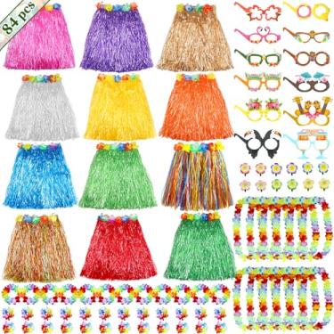 Imagem de Flareyer 84 peças de artigos de festa havaiana luau, conjunto de saias de hula de grama ajustáveis com colares Leis tiaras, braceletes, clipes de cabelo e óculos para decoração de festa de aniversário