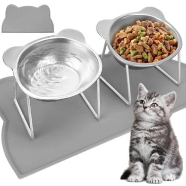 Imagem de Tigelas elevadas para gatos com tapete de comida e suporte de metal, compatível com bigodes, antivômito, pescoço sem estresse com jogo americano de silicone para cães e gatos pequenos (pacote com 2)